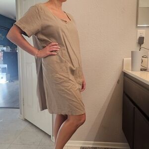 Women's Cute Tan-ish Erika Collection Vintage Linen XL Dress Pockets Relaxed